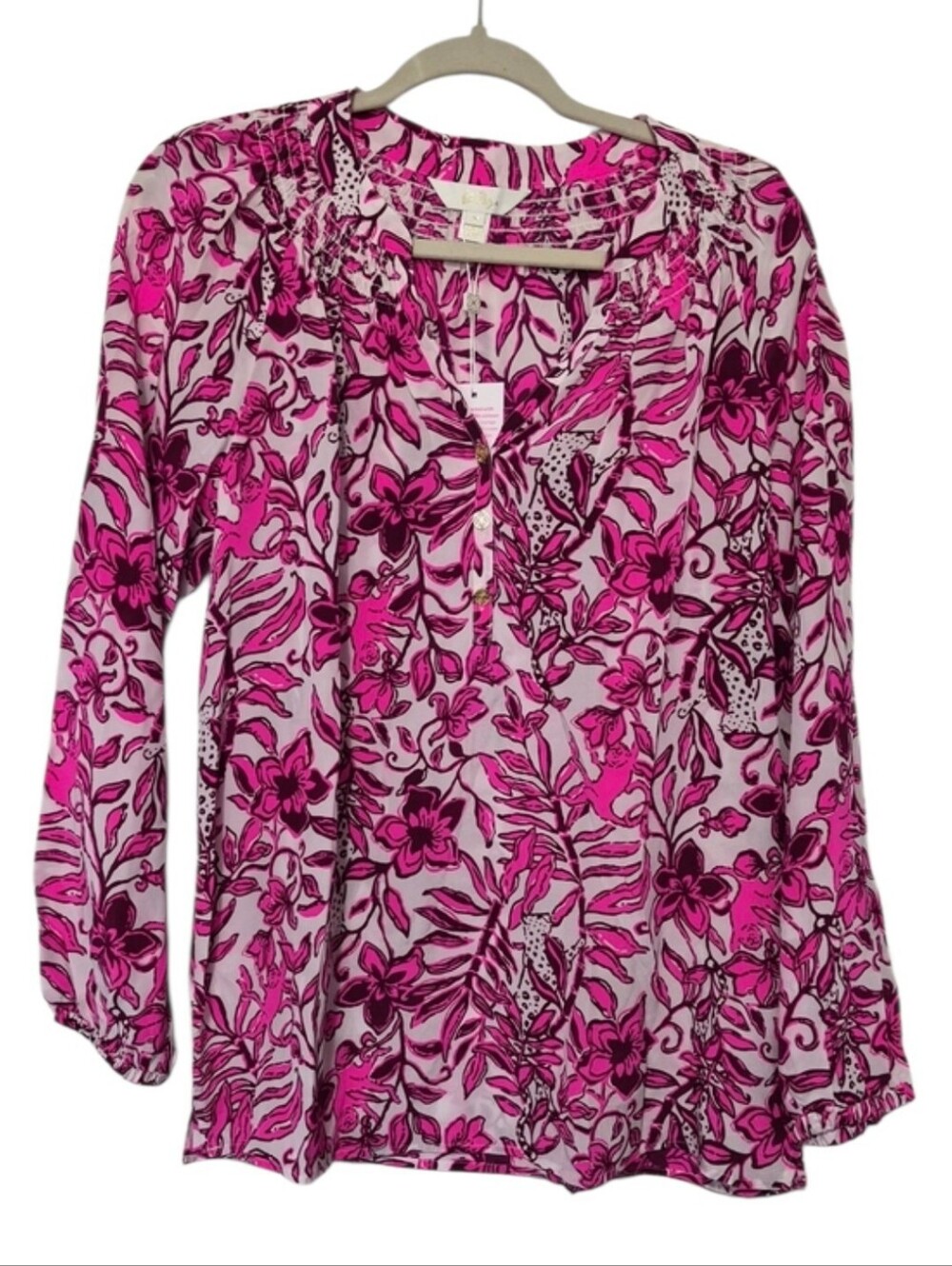 Lilly Pulitzer Elsa Top M Elderflower Blossom Lil Escape Plan Pink Floral Silk